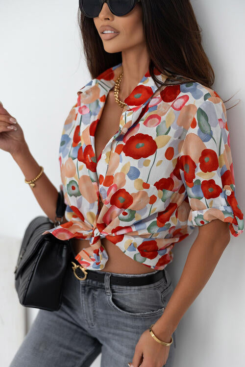 Floral Collared Neck Button Down Shirt BLUE ZONE PLANET