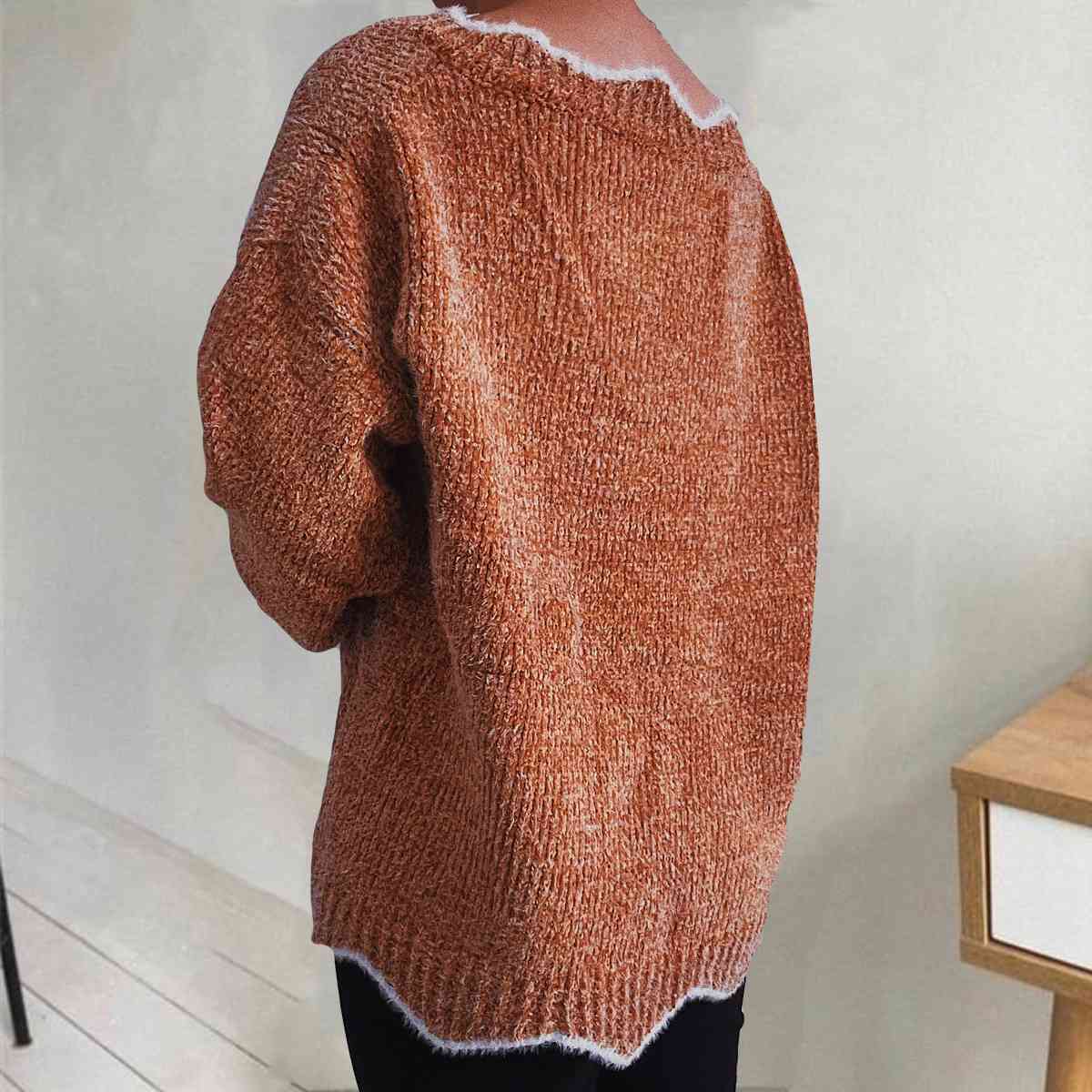 V-Neck Drop Shoulder Long Sleeve Sweater BLUE ZONE PLANET