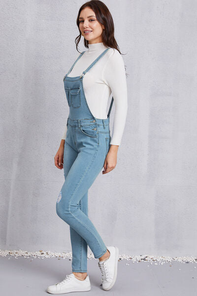 Blue Zone Planet |  Distressed Washed Denim Overalls with Pockets BLUE ZONE PLANET