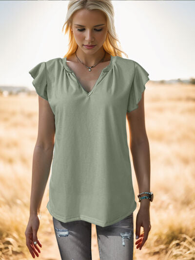 Ruffled Notched Cap Sleeve Tank Trendsi