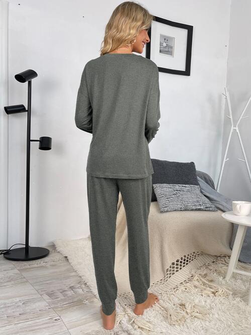 Round Neck Top and Drawstring Pants Lounge Set BLUE ZONE PLANET