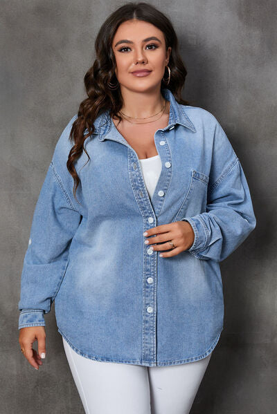 Blue Zone Planet |  Plus Size Button Up Pocketed Denim Top BLUE ZONE PLANET