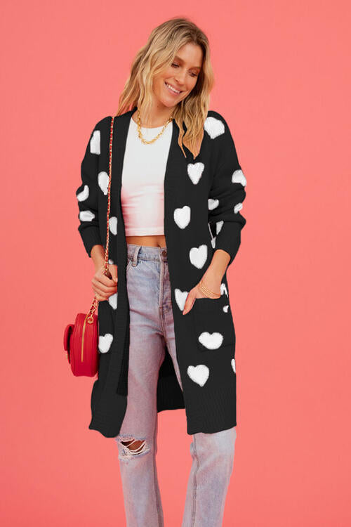 Heart Graphic Open Front Cardigan with Pockets BLUE ZONE PLANET