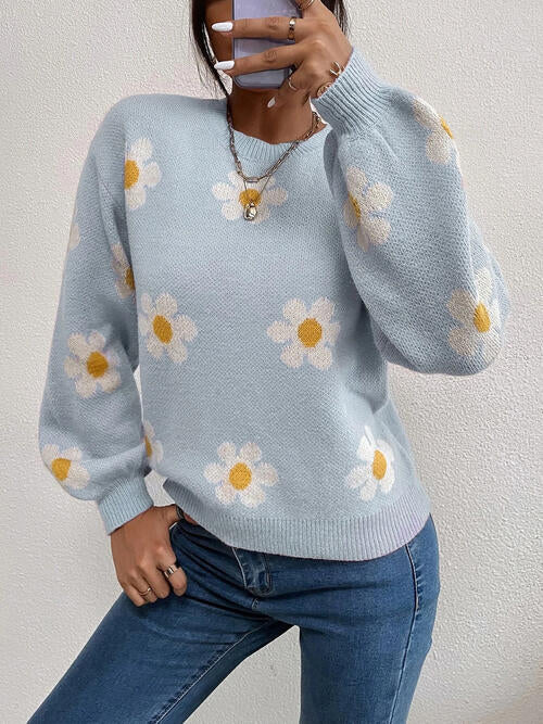 Flower Round Neck Latern Sleeve Sweater BLUE ZONE PLANET