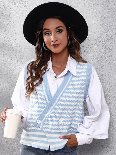 Striped Button Up V-Neck Sweater Vest BLUE ZONE PLANET