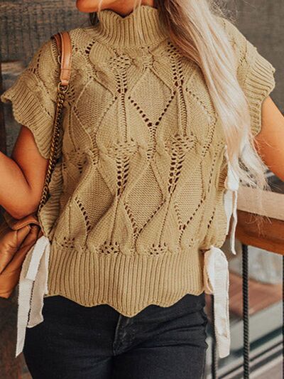 Openwork Turtleneck Sweater Vest-TOPS / DRESSES-[Adult]-[Female]-Camel-S-2022 Online Blue Zone Planet