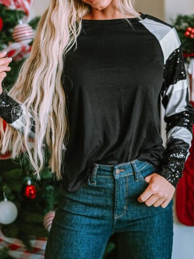 Plaid Sequin Long Sleeve Round Neck T-Shirt Trendsi