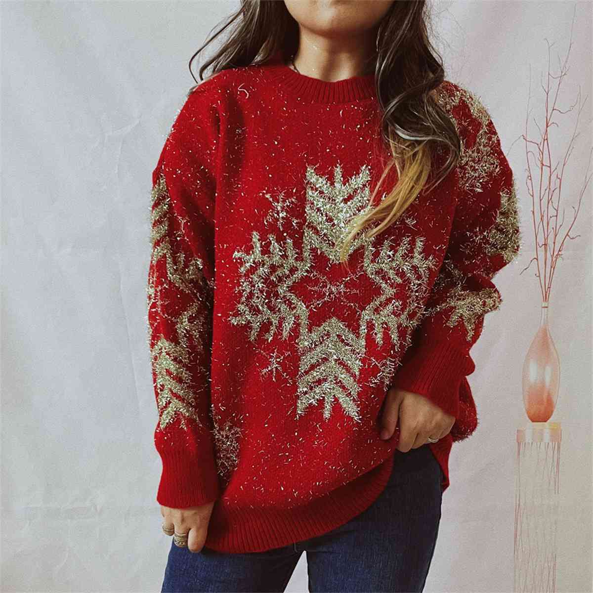 Snowflake Pattern Long Sleeve Sweater BLUE ZONE PLANET