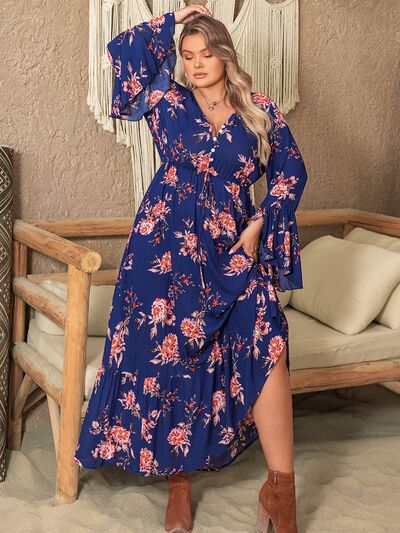 Blue Zone Planet |  Plus Size Printed Half Button Flare Sleeve Dress BLUE ZONE PLANET