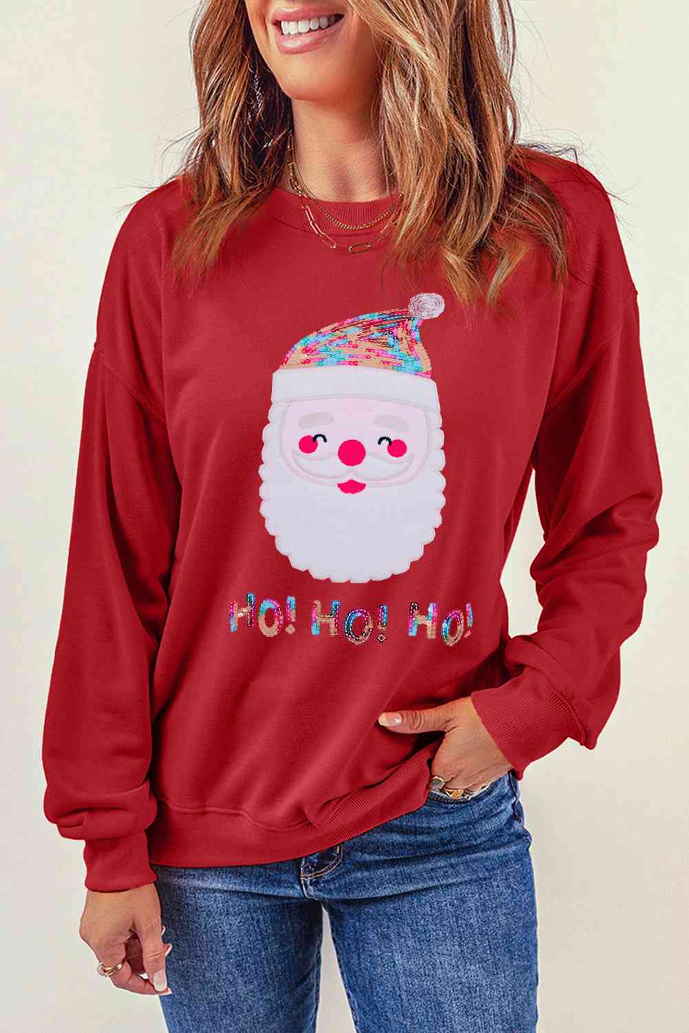 Sequin Santa Graphic Round Neck Sweatshirt BLUE ZONE PLANET