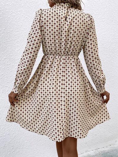 Printed Ruched Mock Neck Long Sleeve Dress Trendsi