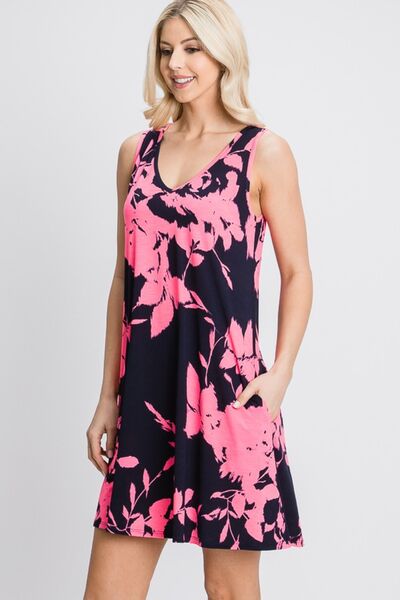 Heimish Full Size Floral V-Neck Tank Dress with Pockets BLUE ZONE PLANET