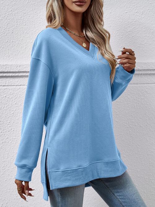 V-Neck Slit Long Sleeve Sweatshirt BLUE ZONE PLANET