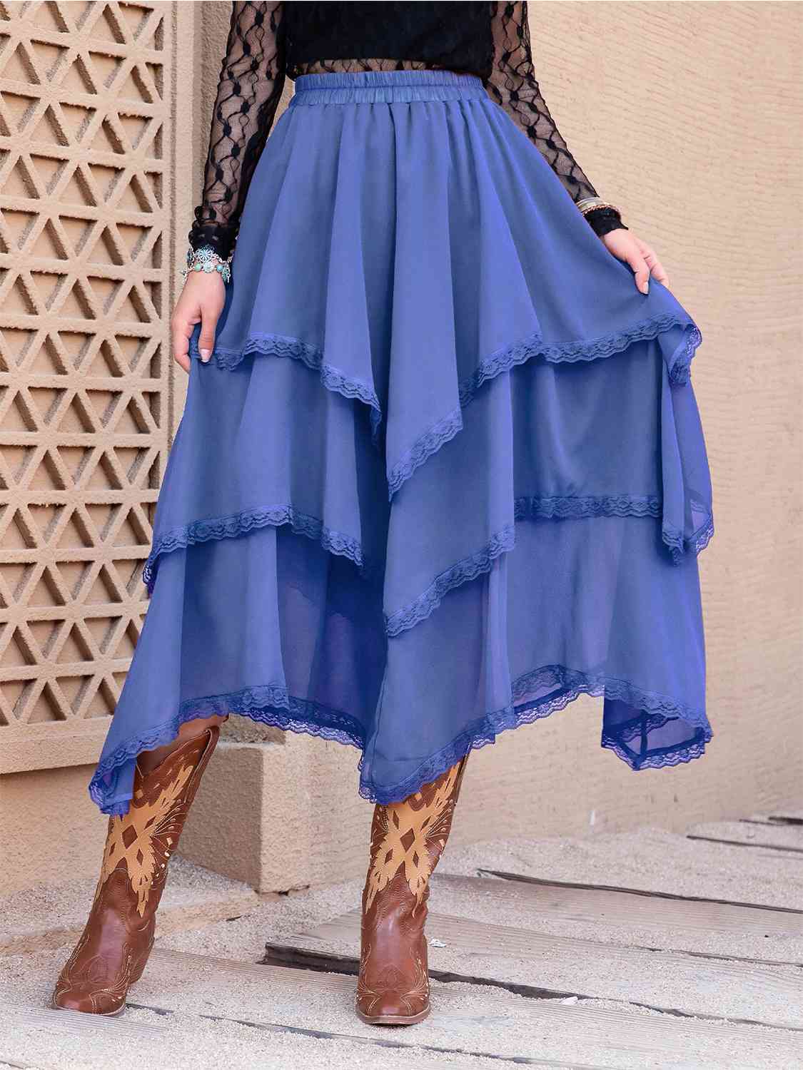 Tiered Lace Detail Midi Skirt-BOTTOMS SIZES SMALL MEDIUM LARGE-[Adult]-[Female]-Azure-S-2022 Online Blue Zone Planet