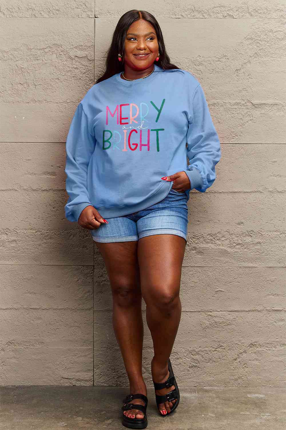 Simply Love Full Size MERRY AND BRIGHT Graphic Sweatshirt BLUE ZONE PLANET