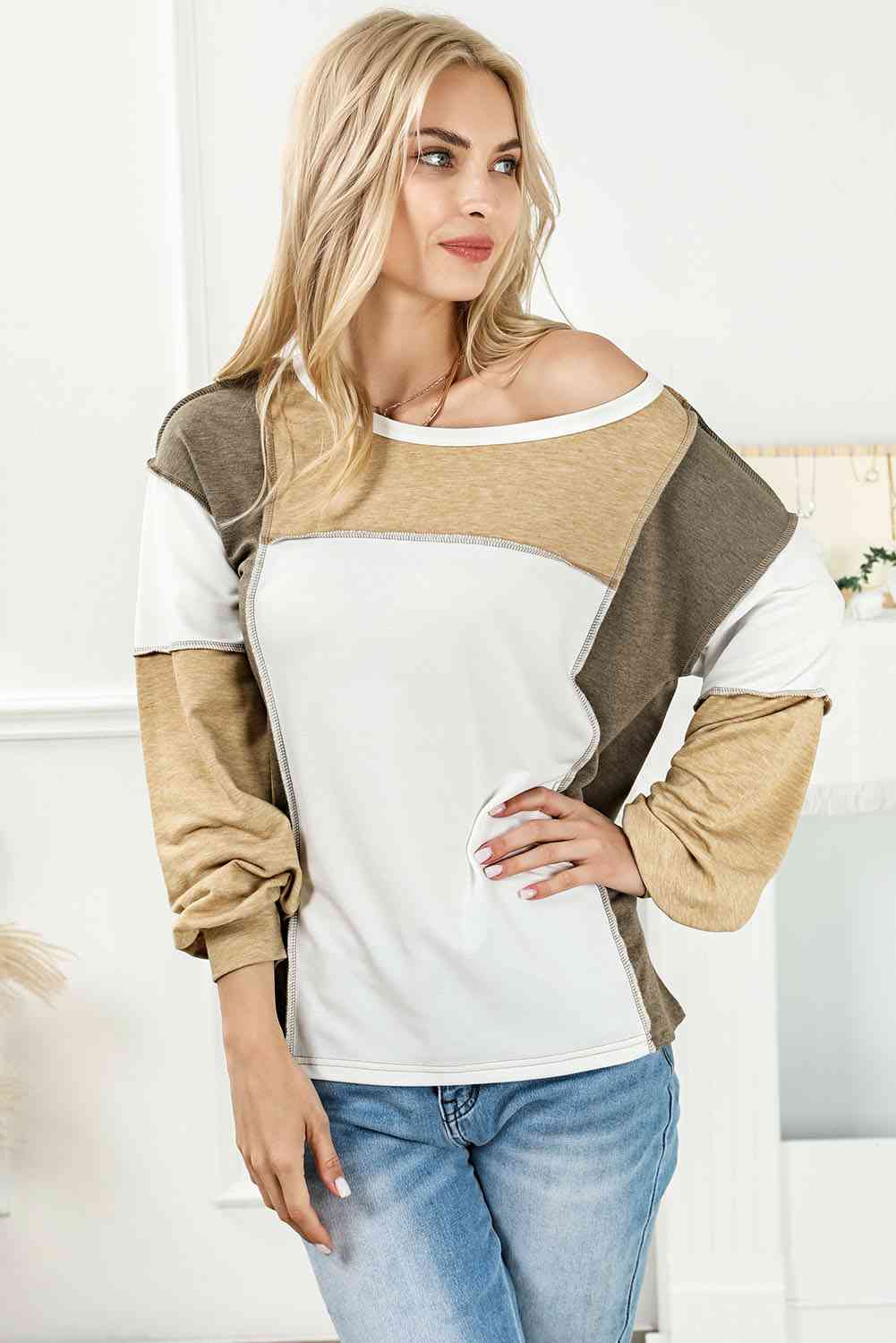 Color Block Exposed Seam Boat Neck Top BLUE ZONE PLANET