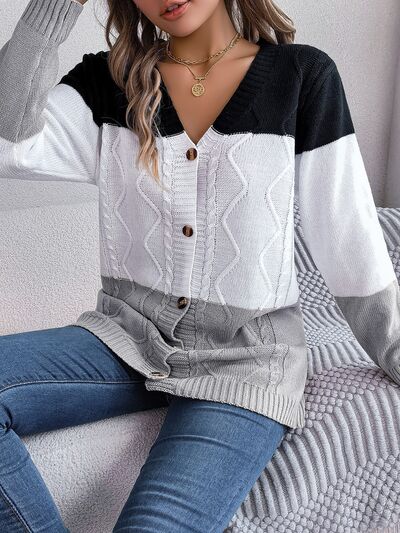 Cable-Knit Striped Button Up Cardigan BLUE ZONE PLANET