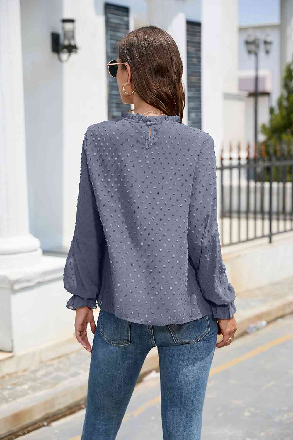 Smocked Mock Neck Swiss Dot Top BLUE ZONE PLANET