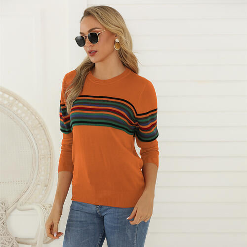 Striped Round Neck Long Sleeve Sweater BLUE ZONE PLANET