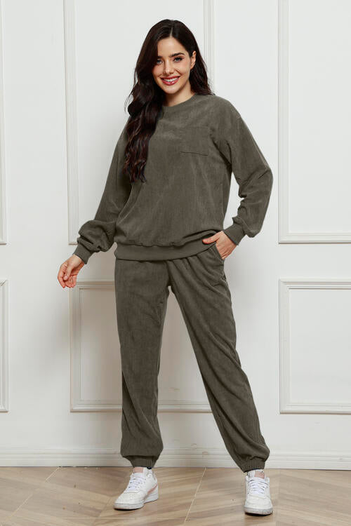 Round Neck Sweatshirt and Sweatpants Set BLUE ZONE PLANET