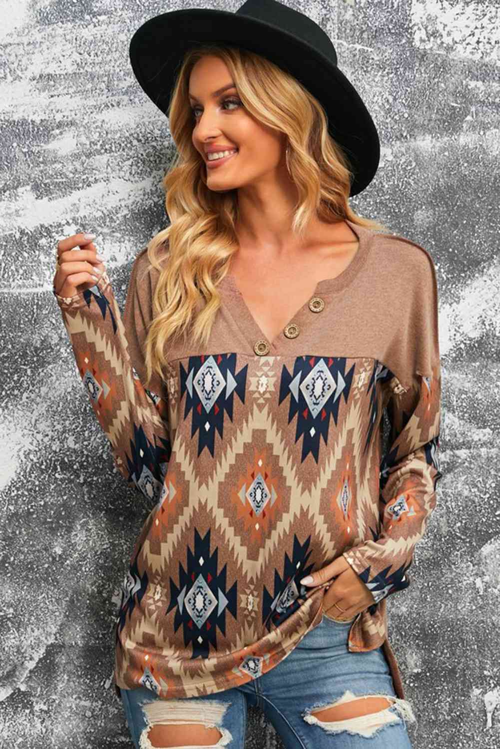 Brown Western Print Buttoned V Neck Top BLUE ZONE PLANET