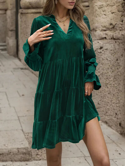 Notched Long Sleeve Tiered Dress-TOPS / DRESSES-[Adult]-[Female]-2022 Online Blue Zone Planet