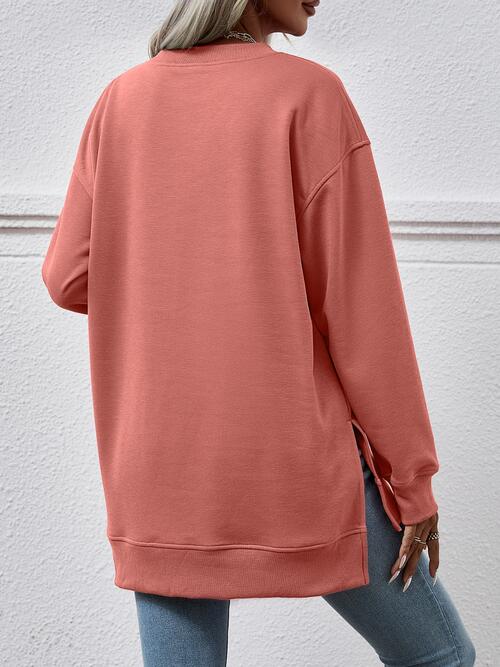 V-Neck Slit Long Sleeve Sweatshirt BLUE ZONE PLANET