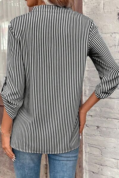 Striped Notched Roll-Tab Sleeve Shirt BLUE ZONE PLANET