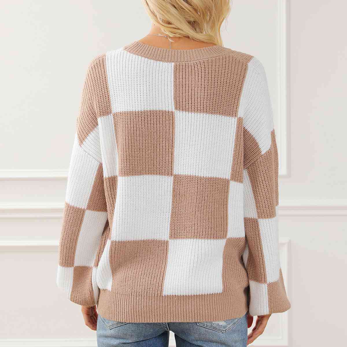 Checkered Round Neck Drop Shoulder Long Sleeve Sweater BLUE ZONE PLANET