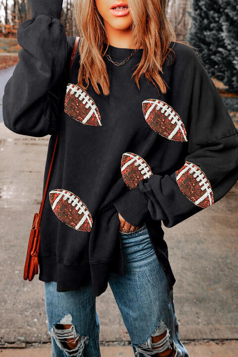 Blue Zone Planet |  Sequin Football Patch Slit Sweatshirt BLUE ZONE PLANET