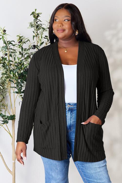 Basic Bae Full Size Ribbed Open Front Cardigan with Pockets BLUE ZONE PLANET