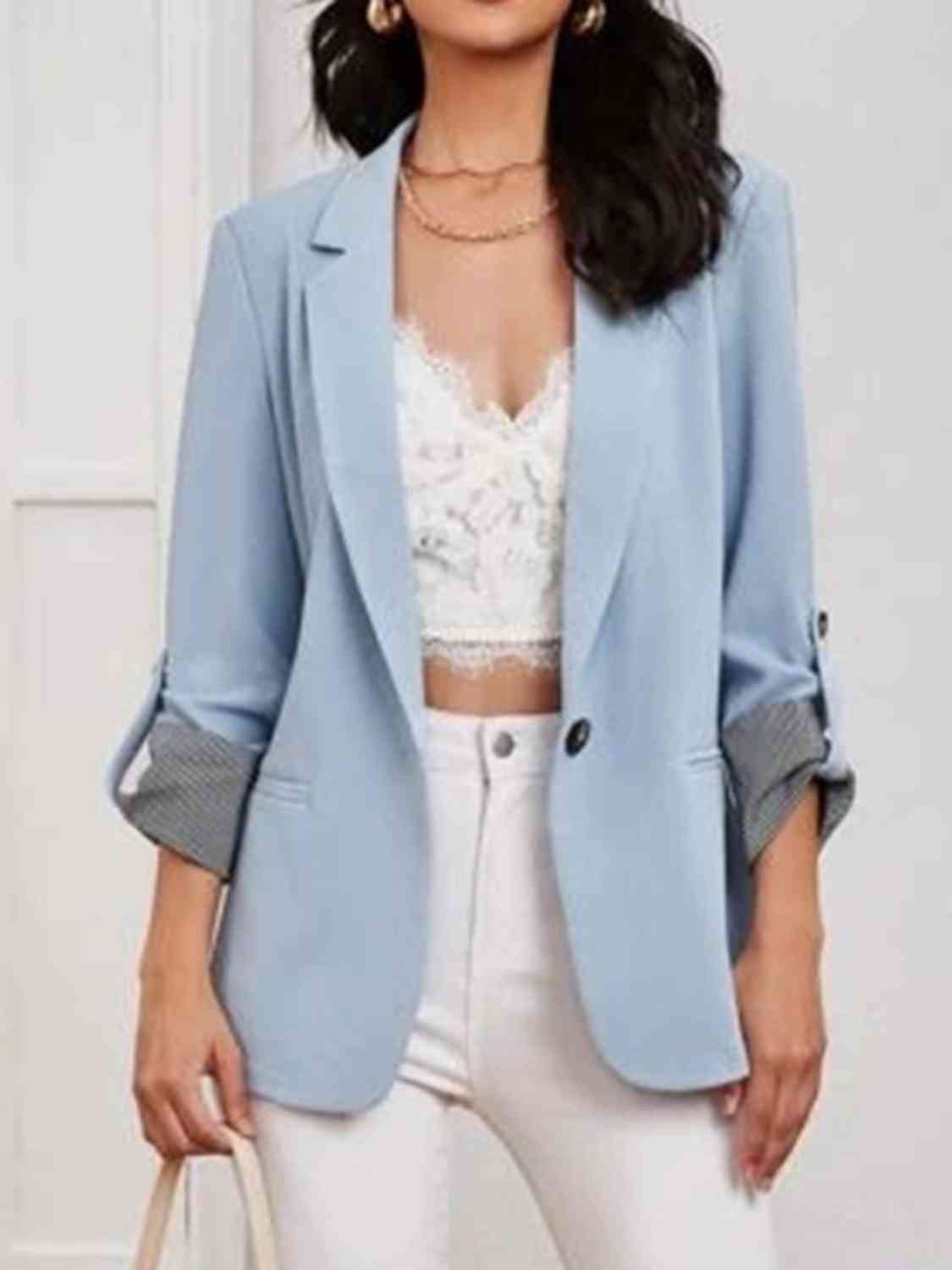 Lapel Collar Roll-Tab Sleeve Blazer BLUE ZONE PLANET