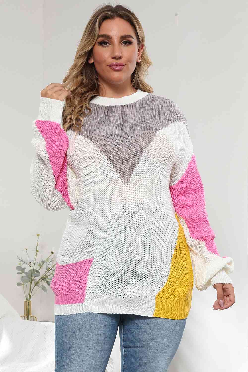 Plus Size Color Block Round Neck Sweater BLUE ZONE PLANET