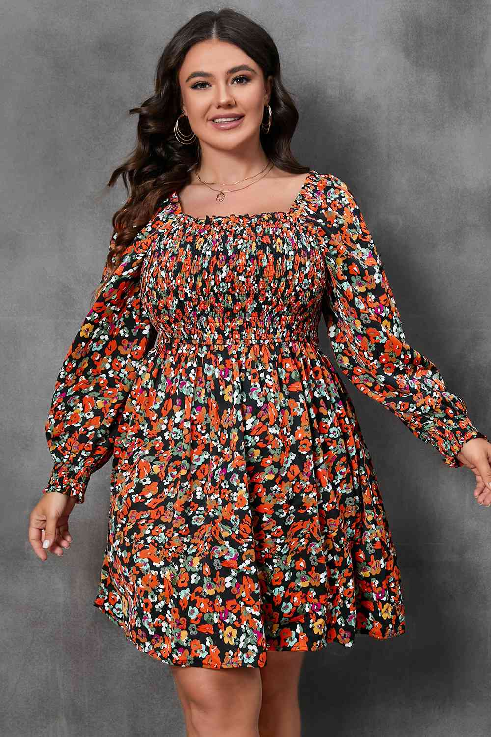 Plus Size Floral Square Neck Smocked Mini Dress BLUE ZONE PLANET