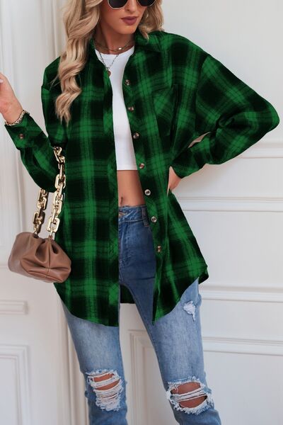 Plaid Button Up Dropped Shoulder Outerwear BLUE ZONE PLANET