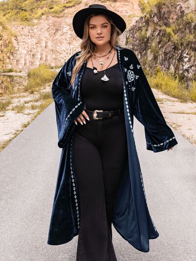 Plus Size Embroidery Open Front Long Sleeve Cardigan BLUE ZONE PLANET