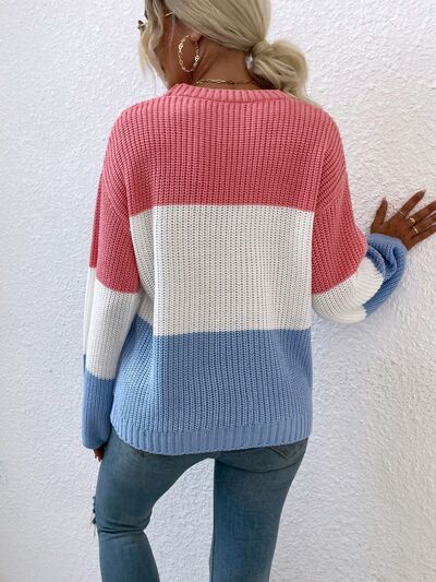 Color Block Round Neck Sweater BLUE ZONE PLANET