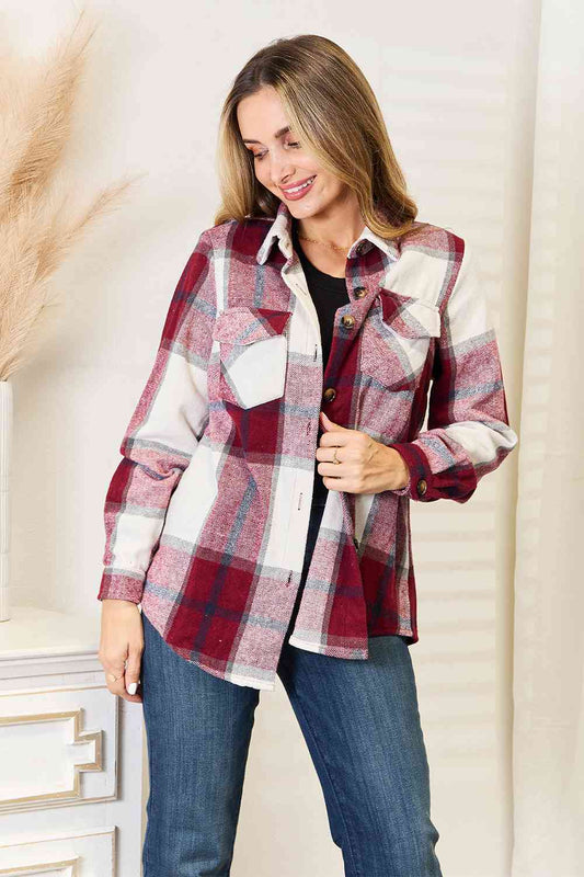 Double Take Plaid Button Up Flannel Shirt Jacket-TOPS / DRESSES-[Adult]-[Female]-Wine-S-2022 Online Blue Zone Planet