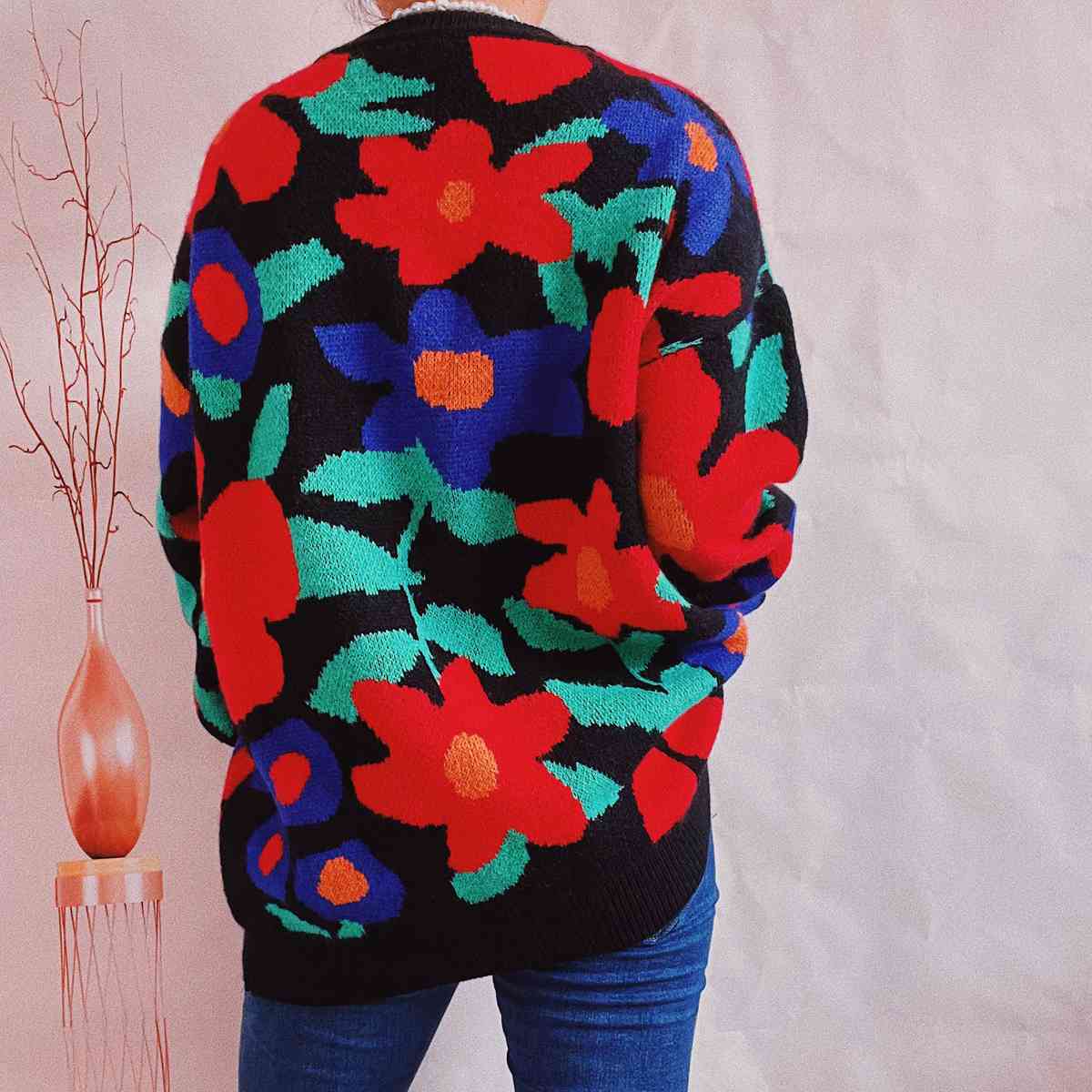 Floral Print Round Neck Drop Shoulder Sweater BLUE ZONE PLANET