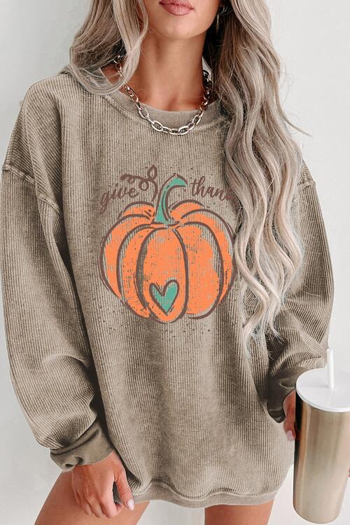 Pumpkin Graphic Round Neck Long Sleeve Sweatshirt BLUE ZONE PLANET