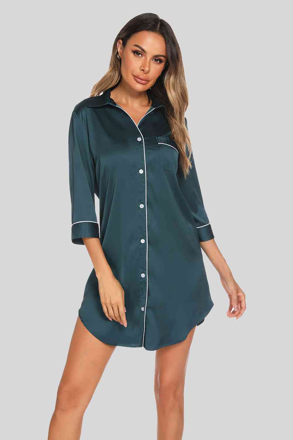 Button Up Collared Neck Night Dress with Pocket BLUE ZONE PLANET