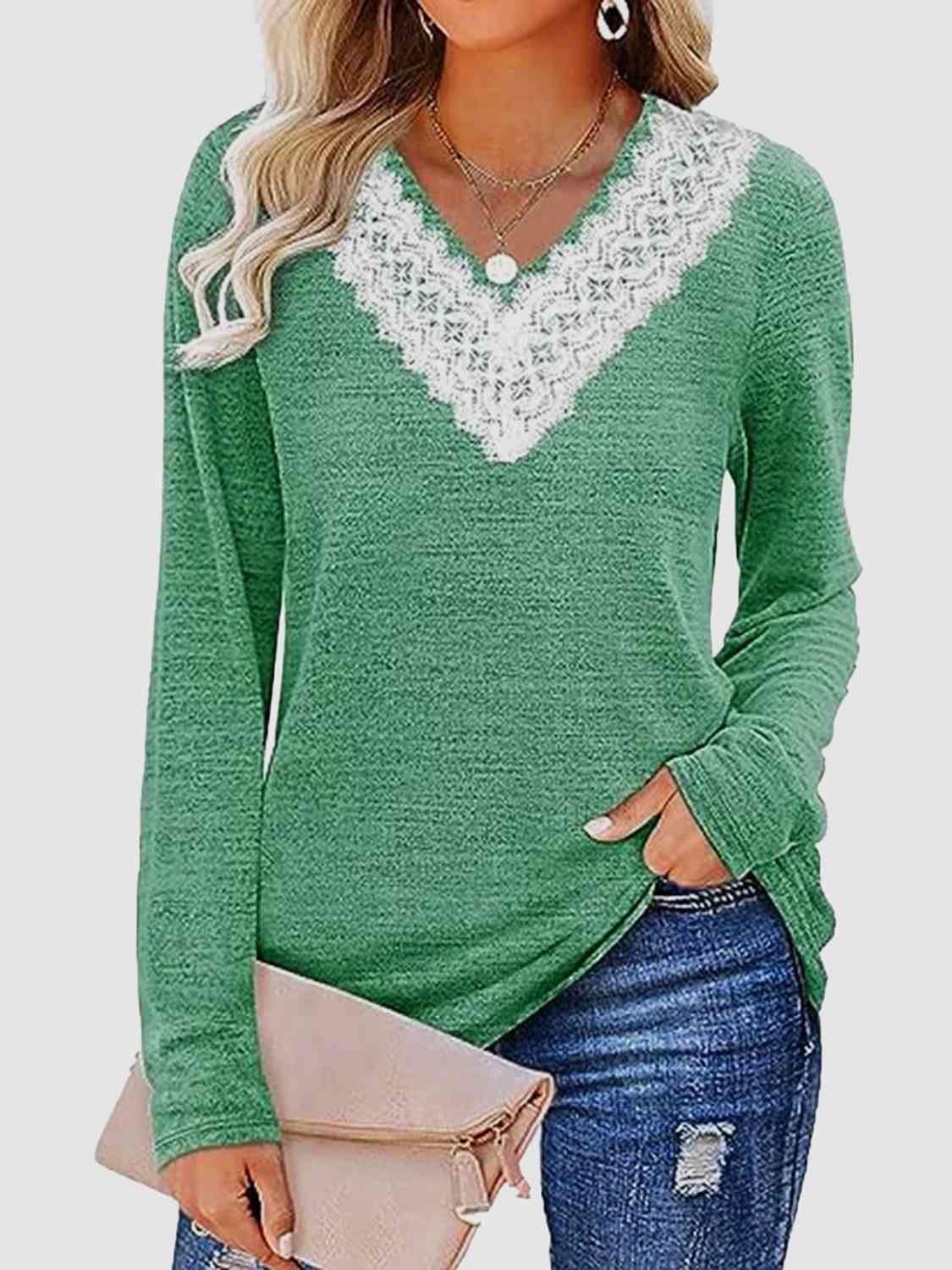 Lace Detail V-Neck Long Sleeve Top BLUE ZONE PLANET