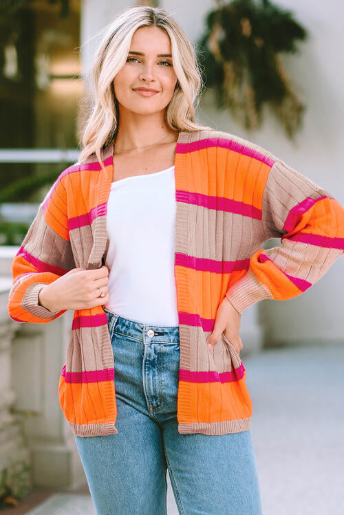 Ribbed Striped Open Front Long Sleeve Cardigan BLUE ZONE PLANET