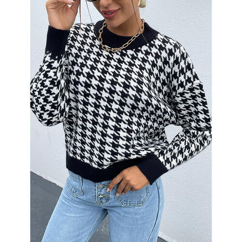 Blue Zone Planet |  Houndstooth Round Neck Drop Shoulder Sweater BLUE ZONE PLANET