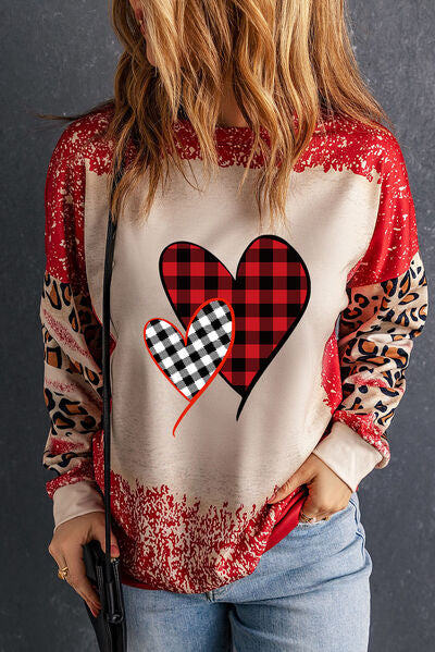 Heart Leopard Round Neck Sweatshirt BLUE ZONE PLANET