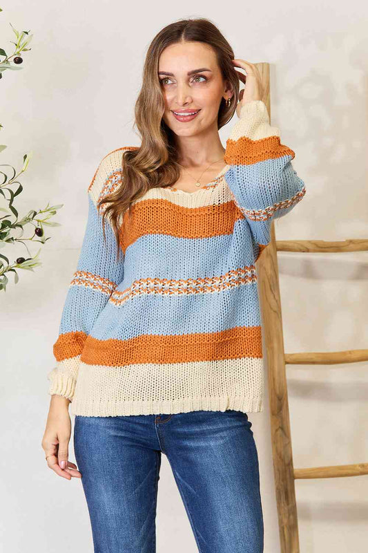Woven Right Color Block Scoop Neck Sweater BLUE ZONE PLANET