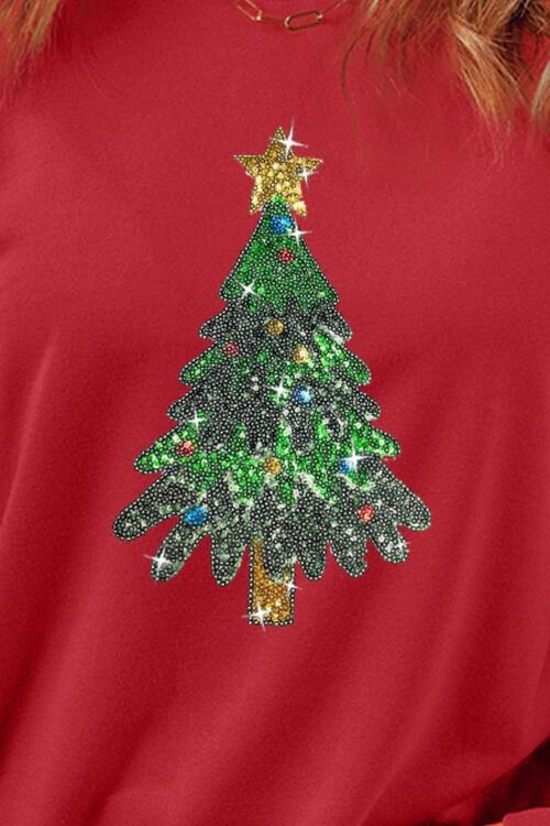 Sequin Christmas Tree Long Sleeve Sweatshirt BLUE ZONE PLANET
