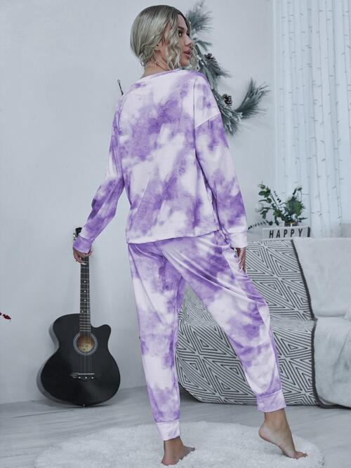 Tie-dye Round Neck Top and Drawstring Pants Lounge Set BLUE ZONE PLANET