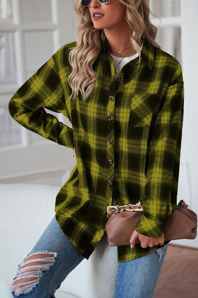 Plaid Button Up Dropped Shoulder Outerwear BLUE ZONE PLANET