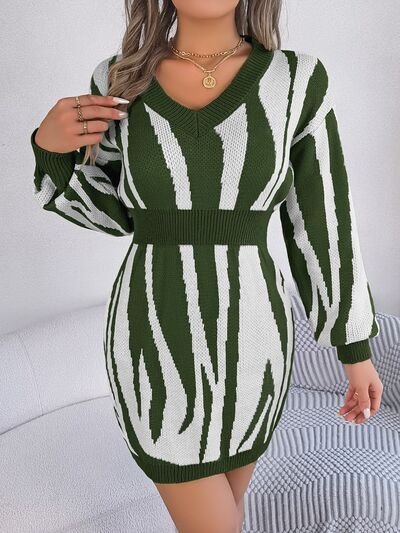 Animal Print V-Neck Long Sleeve Sweater Dress BLUE ZONE PLANET